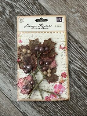 NWT Prima Flowers Antique Mistletoe Raspberry Leaves & Pearls Craft Supplies